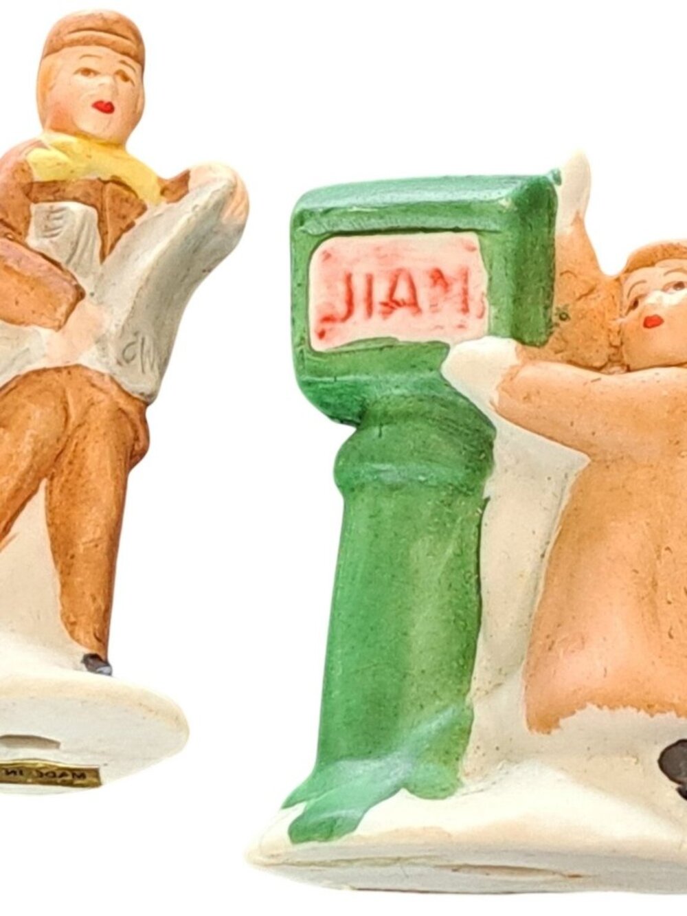Vintage Taiwan Ceramic Christmas Figurines 2 Mail Carrier Child Getting Mail